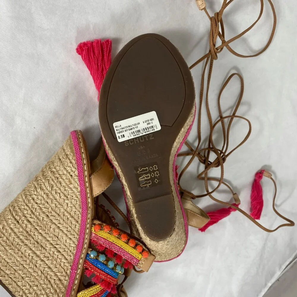 NEW Schutz Mella Espadrille Wedge Heel Sandal Pom Pom Jeweled 8.5